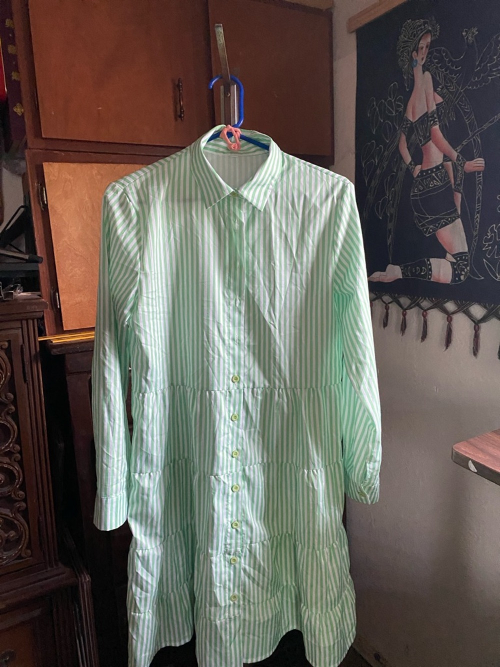 Striped Mint Green Button-Front Shirt Dress